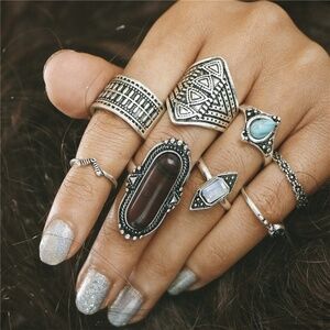 *CAMILLA* 8-Pc Silver x Turquoise Fashion Ring Set
